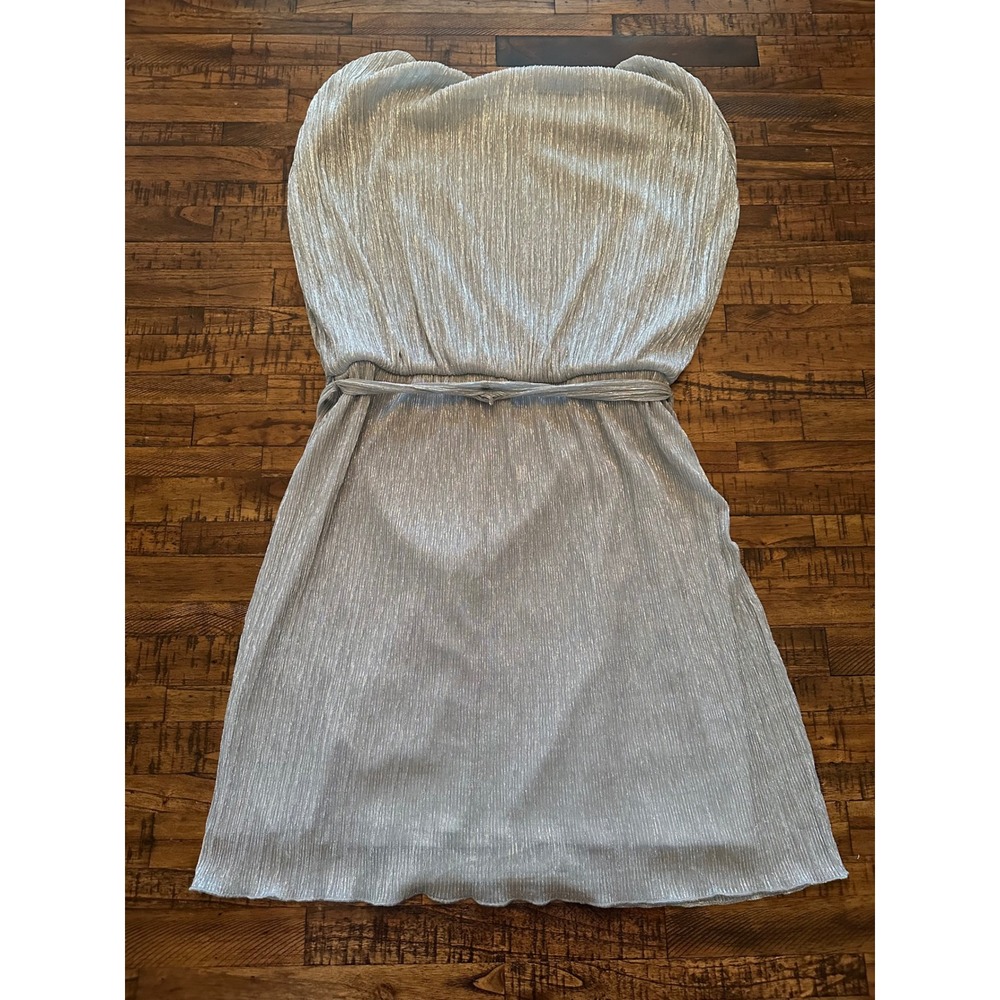 En Focus Petite Silver Metallic Plisse‎ Belted Party Cocktail Dress Size 14P - Picture 5 of 7